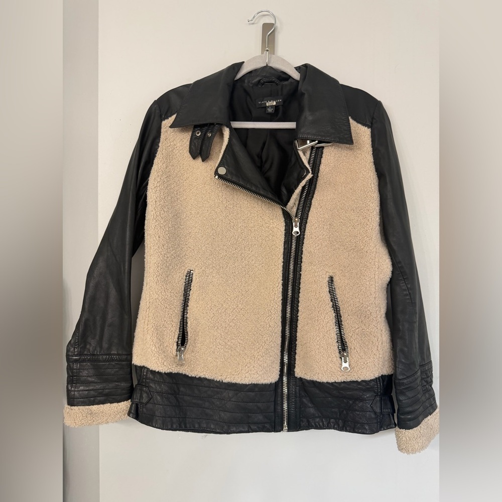 Slate & Willow Womens Large Beige Sherpa Black Genuine Leather Moto Aviator Coat - Picture 5 of 10